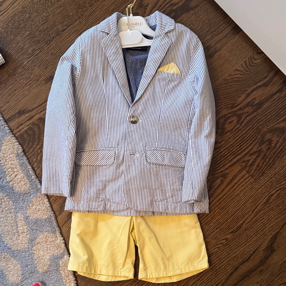 next Blue & White Striped Seersucker Blazer with Yellow Pocket Square